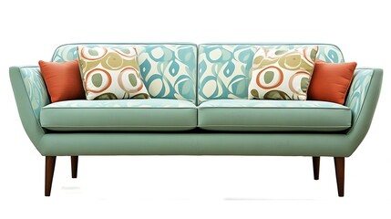 Modern sofa in cool mint green with soft fabric upholstery and a sleek, low-profile design 