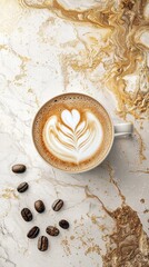 Topdown view of cappuccino with latte art on marble countertop