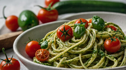 Zucchini Noodles in a Bowl with Cherry Tomatoes and Pesto