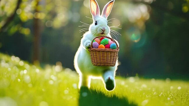 A cheerful rabbit hops through a sunlit meadow, clutching a basket filled with brightly colored Easter eggs, celebrating the spirit of spring holiday