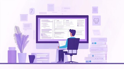 A modern workspace with a computer and a person focused on work tasks