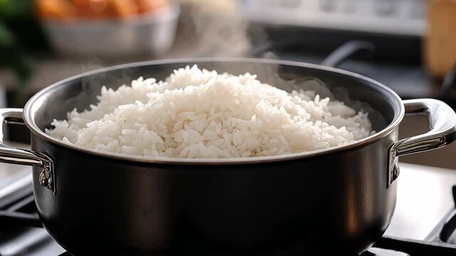 A pot filled with fluffy, steaming rice sits on the stove, creating a comforting atmosphere in a cozy kitchen
