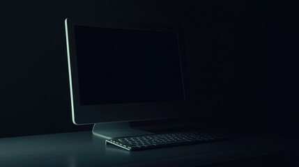 Fototapeta premium A compact computer setup glowing softly in a dark environment, symbolizing modern minimalism and focused productivity in a serene workspace.