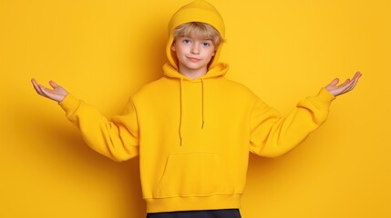 young person stands against a vibrant yellow wall, wearing a matching yellow hoodie and expressing a playful attitude with outstretched arms and a cheerful smile, embodying joy and confidence