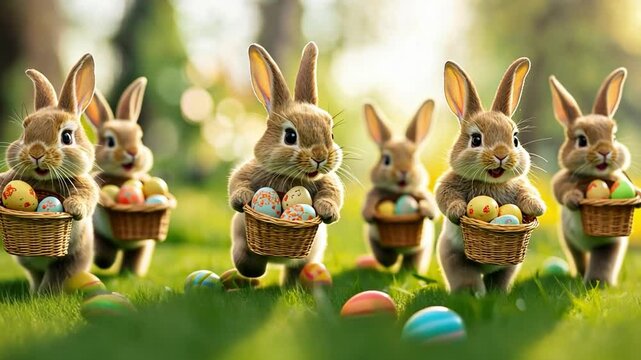 Adorable rabbits running while holding wicker baskets during Easter eggs hunt in a lush garden, celebrating the joy of spring