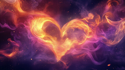 Surreal Heart Shaped Design with Swirling Purple and Orange Flames Glowing in Dramatic Smoky Background






