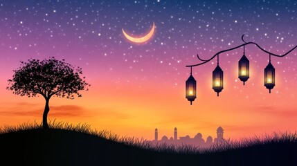 Serene Ramadan Night: Silhouette Landscape with Glowing Lanterns
