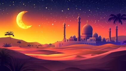 Obraz premium Desert Mosque at Sunset: A Serene Nightscape