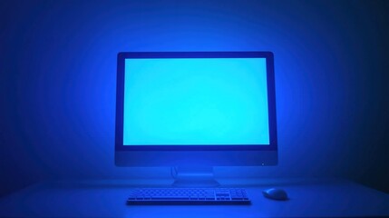 Fototapeta premium A compact computer setup glowing softly in a dark environment, symbolizing modern minimalism and focused productivity in a serene workspace.