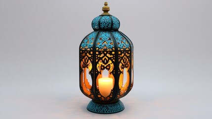Ornate Teal Lantern: Intricate Metalwork and Warm Candlelight