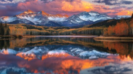 Fototapeta premium Serene autumn sunset reflecting on a calm lake with snow-capped mountains.