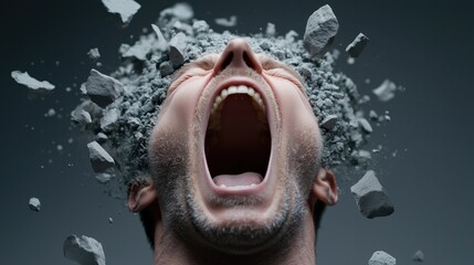 man experiences an intense moment of anguish as his head seems to erupt with fragments of stone. This powerful visual encapsulates the struggle between internal pain and external expression