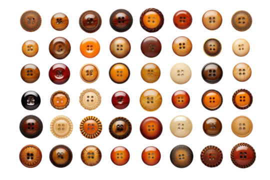 Various colorful buttons arranged in a systematic layout showcasing different shapes and materials