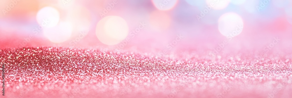 Poster Sparkling pink glitter surface shimmering under romantic bokeh lights, creating an enchanting abstract background perfect for valentine's day or spring celebrations with ample copy space