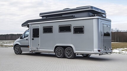 Luxury camper van parked on a roadside with scenic winter landscape in the background