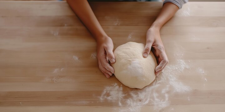 An overhead view of hands kneading a ball of dough on a wooden table, with flour scattered around, showcasing the tactile process of baking and the joy of homemade bread.