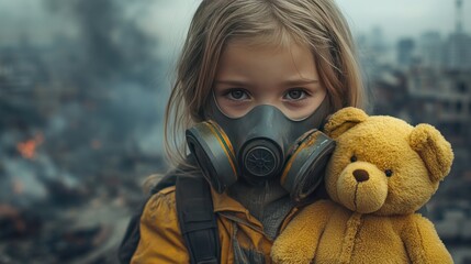 Young girl wearing gas mask, holding teddy bear amidst post-apocalyptic ruins.