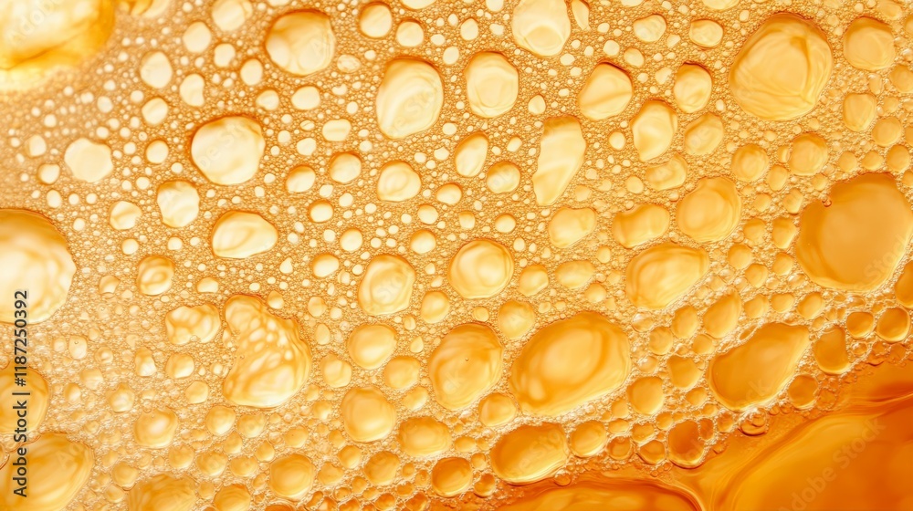 Poster Golden light illuminates the mesmerizing patterns formed by surface tension, creating a captivating display of bubbles and ripples in water