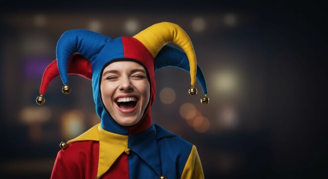 Young caucasian female jester laughing in colorful costume with jingle bells