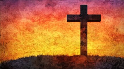 Silhouette of cross against colorful sunset sky on grassy hill. Easter, Pascha, Paskha, Ostern, Pascua, Paques - Orthodox and Catholic Holiday celebration