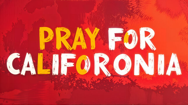 A bright image with bold text "PRAY FOR CALIFORONIA" displayed against a red backdrop