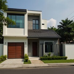 rumah minimalis dengan halaman yang hijau dan asri, dikelilingi tumbuhan berdaun lebar