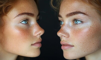 Obraz premium Portrait, skincare and woman in studio split comparison for pigmentation, freckles and beauty spots, pattern or melasma. Permanent makeup, tattoo and face of model with before and after, Generative AI