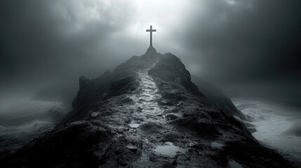 Dramatic cross on rocky hill in stormy coastal landscape with moody sky. Easter, Pascha, Paskha, Ostern, Pascua, Paques - Orthodox and Catholic Holiday celebration