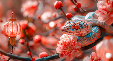 Striking snake gracefully rests among delicate cherry blossoms, embodying the spirit of Chinese New Year. Lanterns add festive glow to this colorful depiction of renewal and prosperity. Copy space