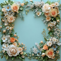 Floral frame, pastel roses, delicate blossoms.