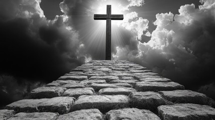Stone path leading to cross under dramatic cloudy sky with sunlight. Easter, Pascha, Paskha, Ostern, Pascua, Paques - Orthodox and Catholic Holiday celebration