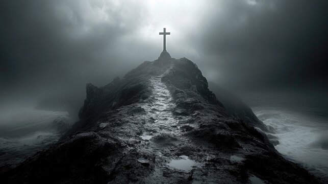 Dramatic cross on rocky hill in stormy coastal landscape with moody sky. Easter, Pascha, Paskha, Ostern, Pascua, Paques - Orthodox and Catholic Holiday celebration