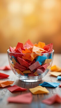 Vibrant colorful paper pieces in a glass bowl on a wooden table, perfect for a raffle draw