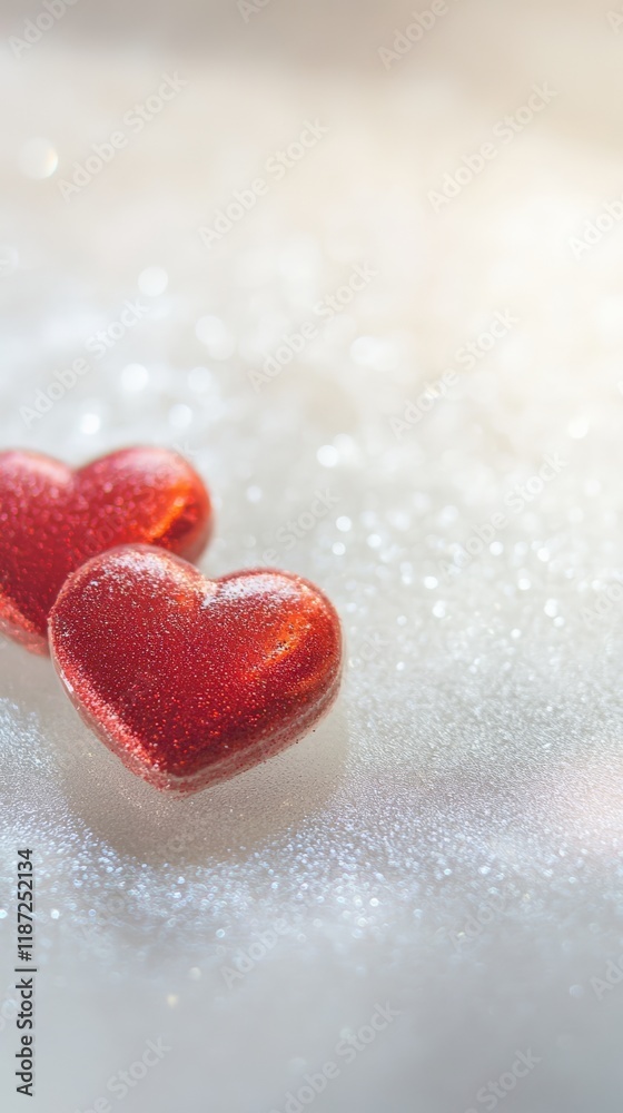 Poster two red glitter hearts are lying on a sparkling white surface, creating a romantic atmosphere perfec