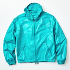Sporty windbreaker in bright teal, spread neatly, on pure white background with copy space