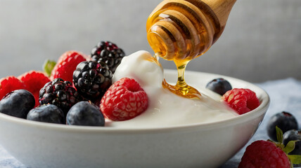 Honey Drizzling Over Greek Yogurt with Fresh Berries