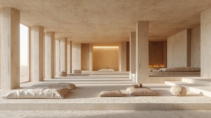 Interior with cushions, stone decor, fireplace, and desert background.