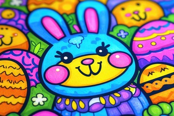 Colorful Easter Bunny and Eggs in Vibrant Cartoon Style Illustration