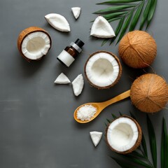 Coconut products flatlay, tropical spa ingredients, wooden spoons with coconut flakes, palm leaves, grey background, overhead view, natural coconut beauty products, organic skincare elements, rustic w
