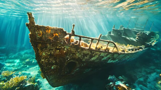 Exploring a sunken ship under clear blue waters surrounded by vibrant marine life