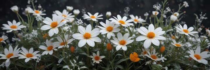 Fototapeta premium Winter botanical print featuring white and orange flowers with snowflakes, botanical artwork, festive arrangement, nature pattern, seasonal plants