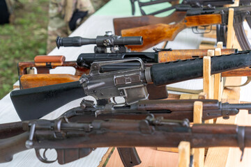Collection of Old Military Rifles Displayed on Stand