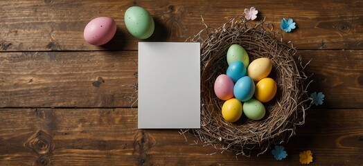 Happy easter, mockup paper card and easter painted eggs in nest on wooden table. Top view with copy space 