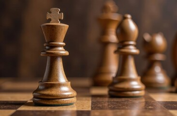 Fototapeta premium Chess king stands proudly in front of wooden statue and icon of leader. Concept of great leadership in strategic thinking, problem solving and soft skills to achieve success