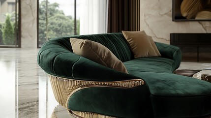 Modern sofa in deep emerald green with a sculptural frame and luxurious fabric 