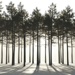 Fototapeta premium Tall pine trees casting shadows on a misty forest floor, soft lighting, on pure white background.