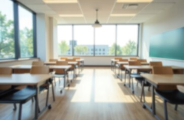 Beautiful blurred background of bright classroom and office with panoramic windows and beautiful lighting. Blurred empty school background.