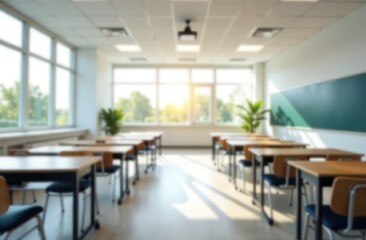 Beautiful blurred background of bright classroom and office with panoramic windows and beautiful lighting. Blurred empty school background.