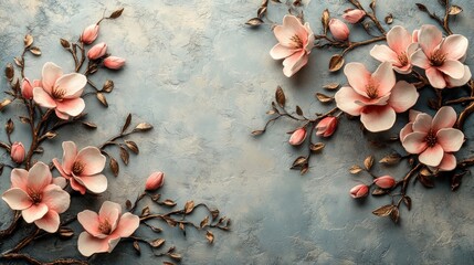 Pink magnolia blossoms, gold branches, textured background.