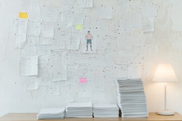 Amateur Sports Analysis Setup with Corkboard and Stacks of Papers Illuminated by Soft Lamp